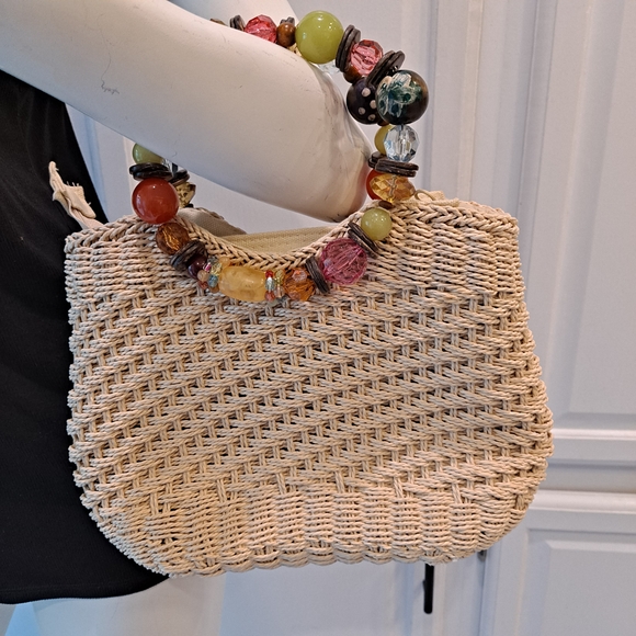 Capelli of New York Woven Tan Bag with Colorful Beaded Handle - Picture 1 of 8